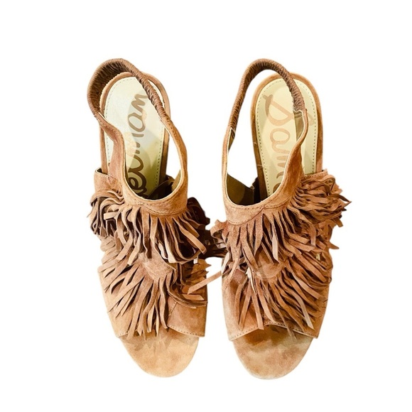 Sam Edelman Elaine suede leather fringe open toe sling back heels 8 brown BOHO - Picture 3 of 9